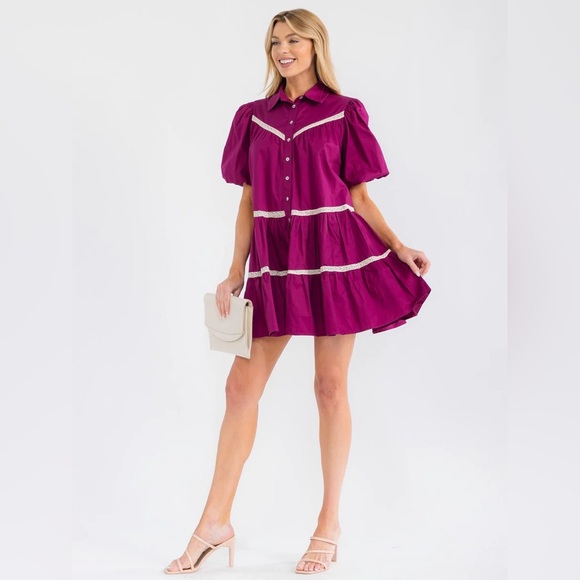 075 • Crochet Trapeze Dress | Cotton Baby Doll Puff Sleeve Tiered Magenta Dress - Picture 2 of 4